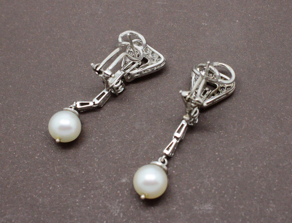 Boucles Art Déco Diamants Or et Perles - Image 4