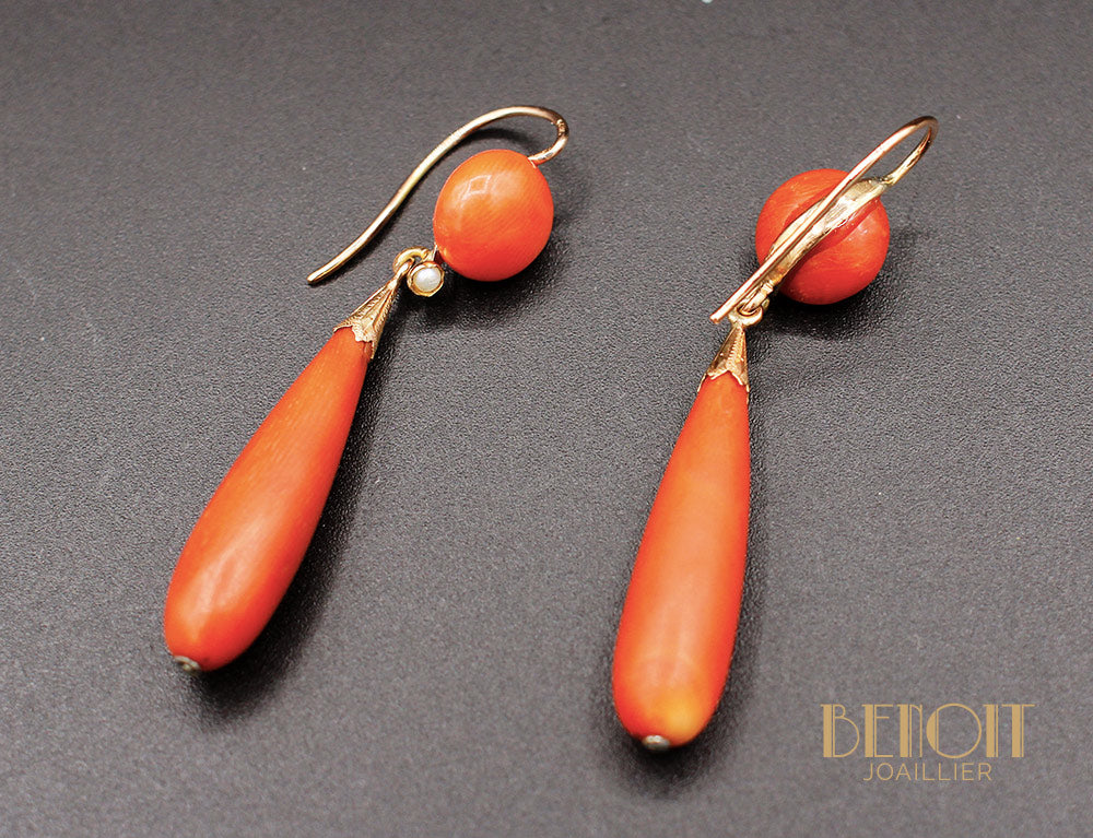 Boucles d'oreilles Corail Or Jaune Napoléon III - Image 3