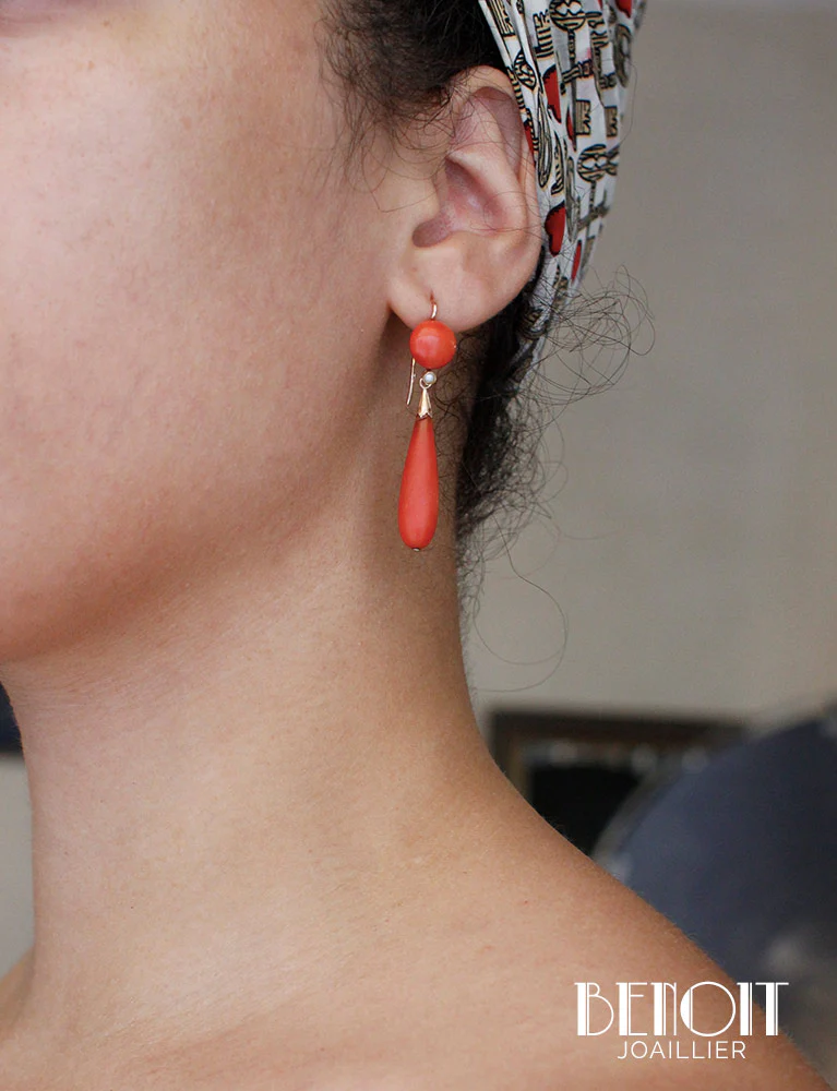 Boucles d'oreilles Corail Or Jaune Napoléon III - Image 4