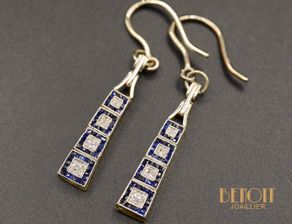 Boucles d'Oreilles Art Déco Pendantes Diamants et Saphirs "Les Recyclés"
