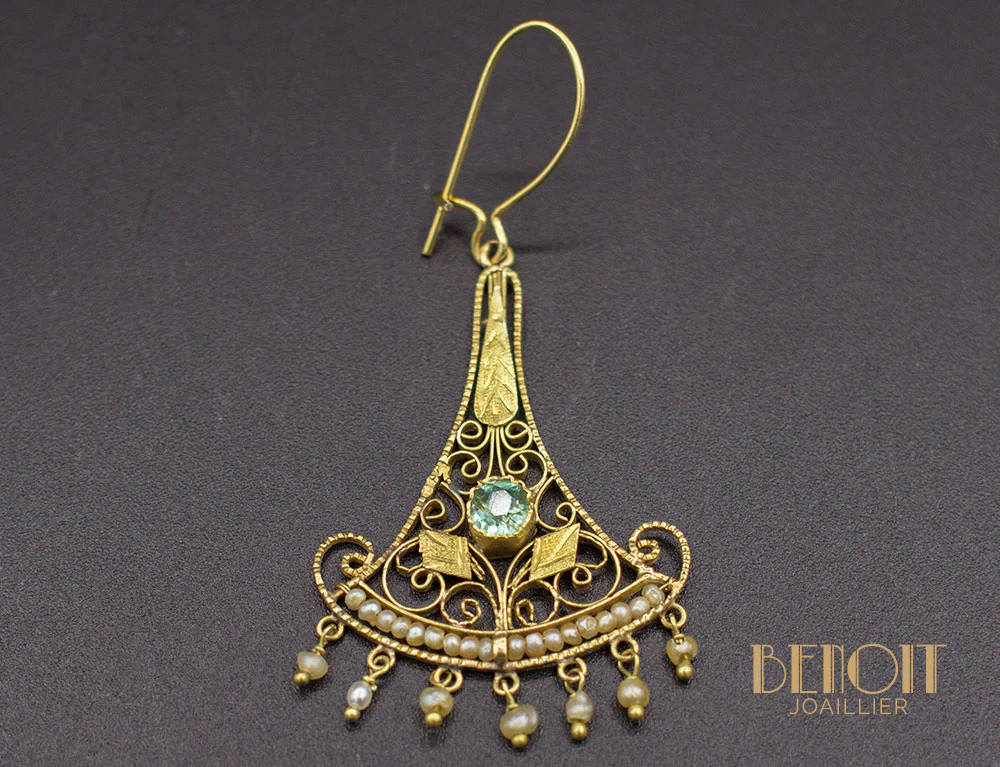 Boucles d'Oreilles Pendantes Emeraudes Perles - Image 2