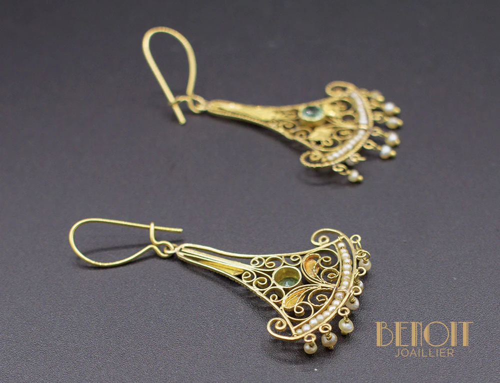 Boucles d'Oreilles Pendantes Emeraudes Perles - Image 3