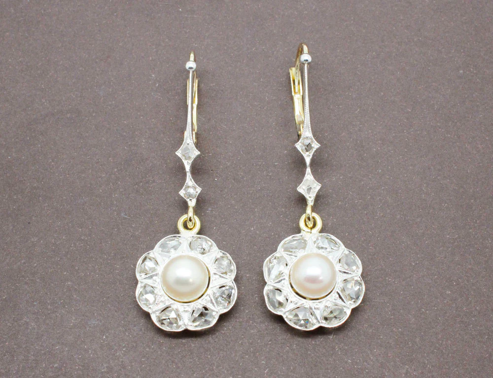 Boucles Pendantes Fleurs Perles et Diamants