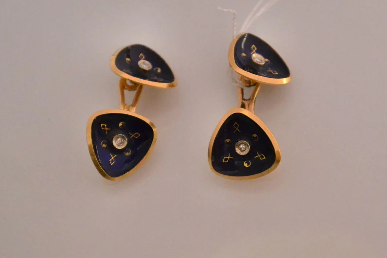 Boutons de Manchette Anciens Or Email et Diamants