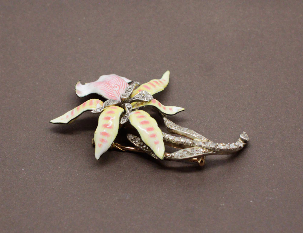 Broche Art Nouveau Orchidée Email et Diamants - Image 2