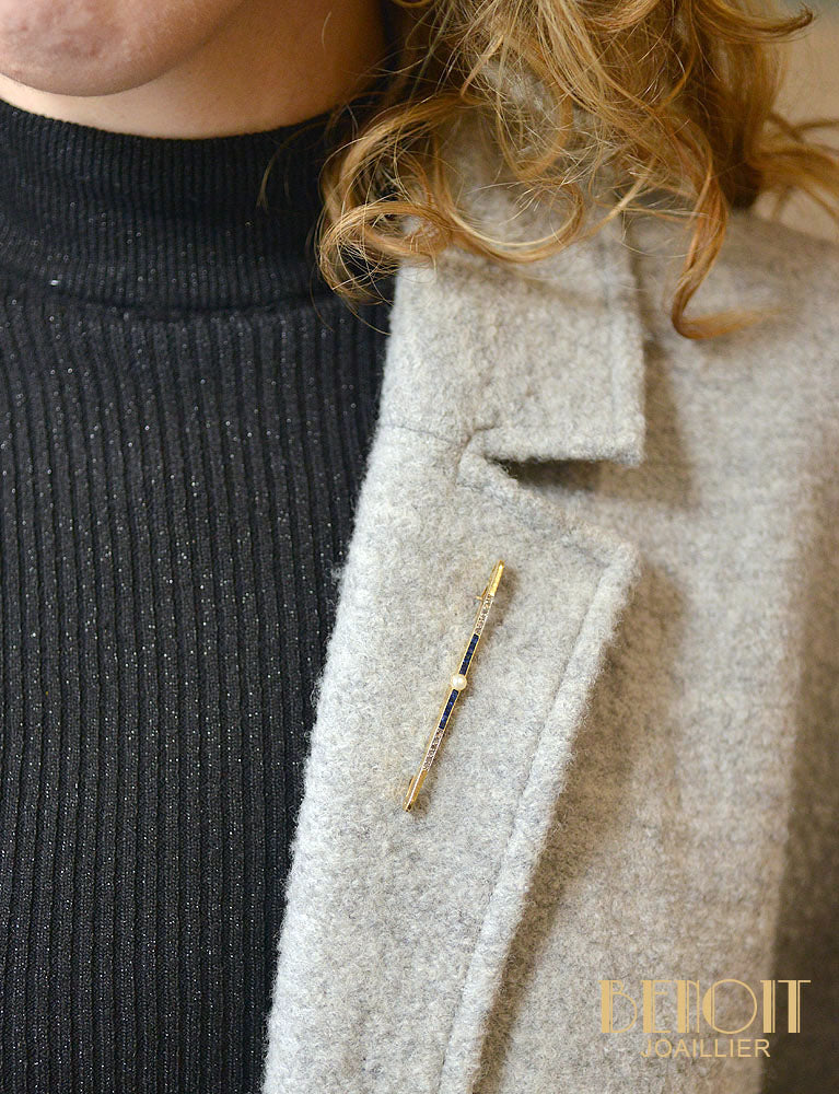 Broche Barrette Art Déco Perle Fine, Saphirs et Diamants - Image 4