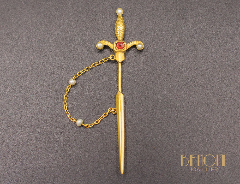 Broche Épée Or Grenat et Perles Fines
