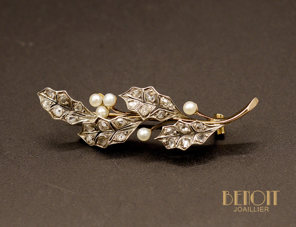 Broche Feuillage Perles Fines et Diamants