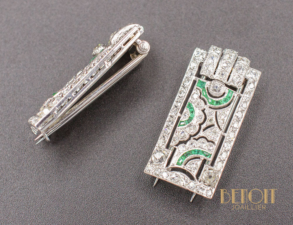 Double Clips Art Déco Emeraudes Diamants - Image 3
