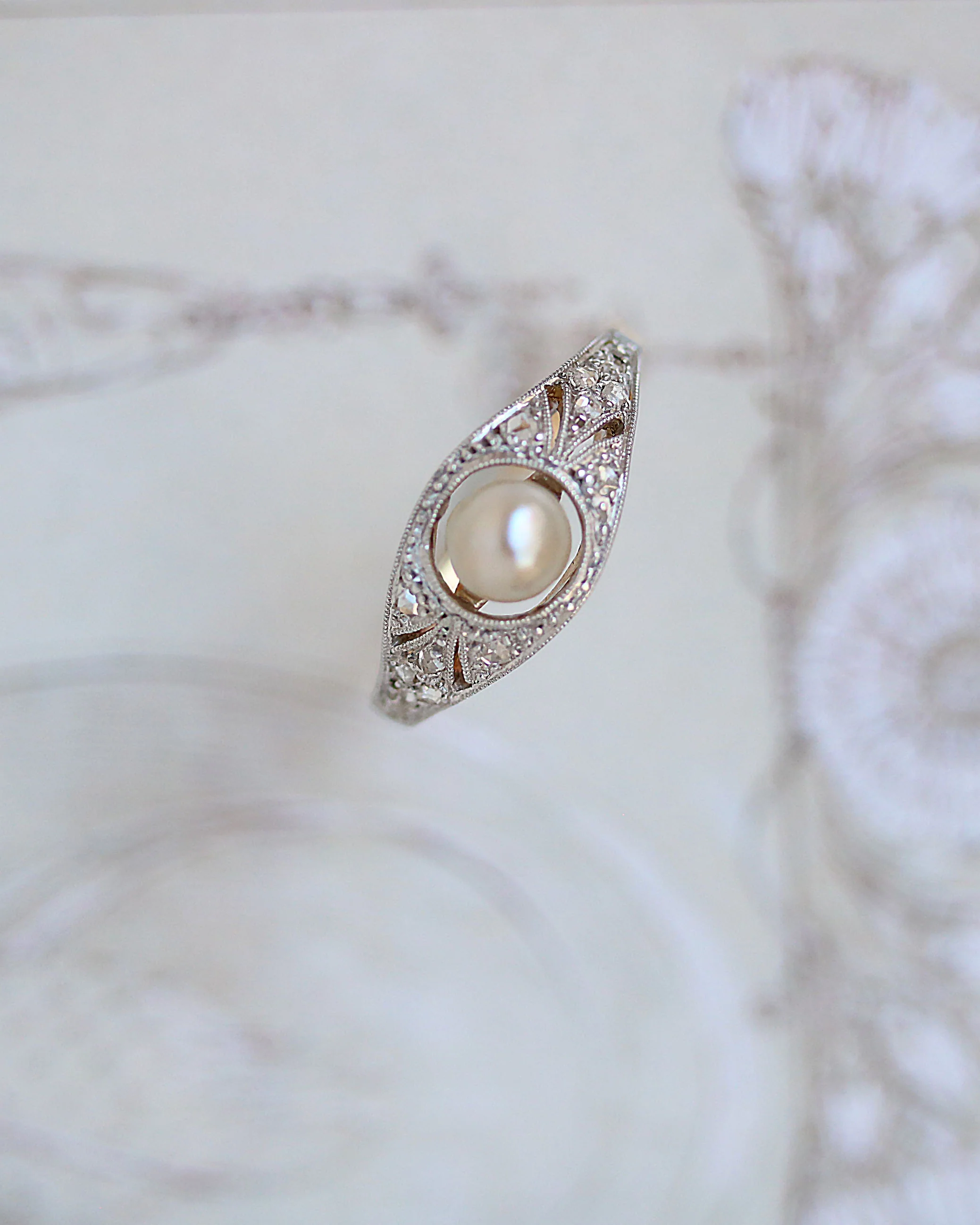Jonc Art Déco Or rose et blanc Perle Fine et Diamants - Image 3