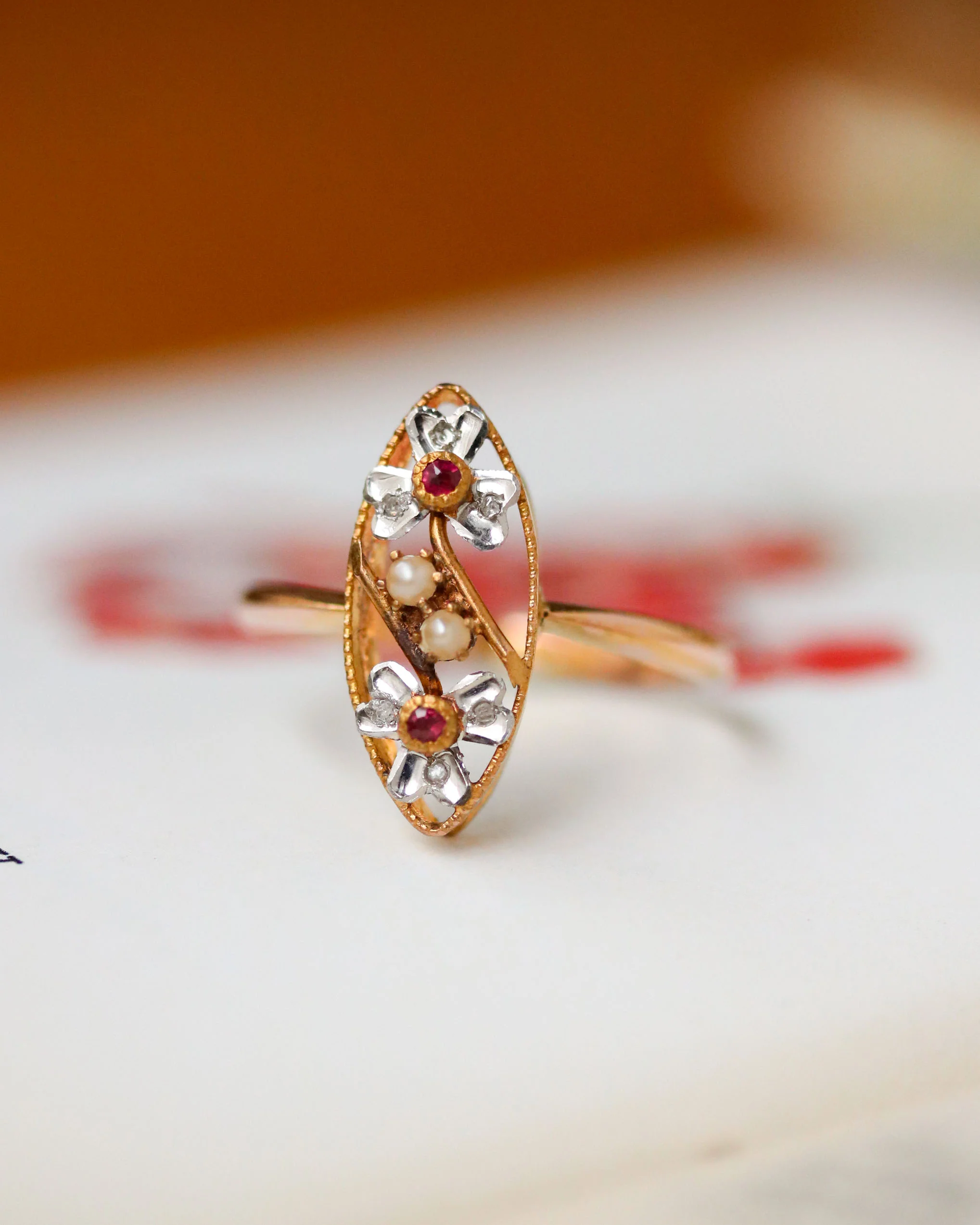 Bague Marquise Ancienne Rubis et Perles fines