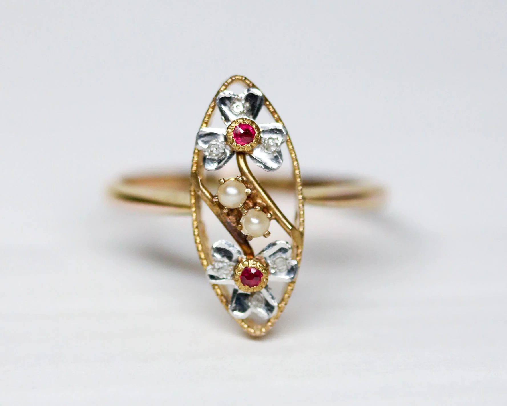 Bague Marquise Ancienne Rubis et Perles fines - Image 4