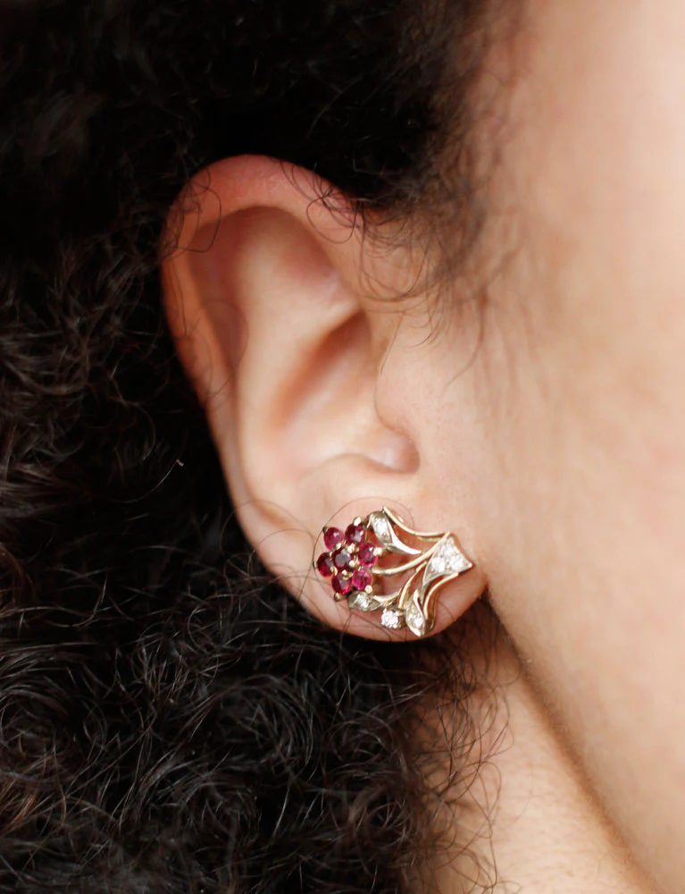 Boucles d'Oreilles Fleur Rubis et Diamants - Image 4