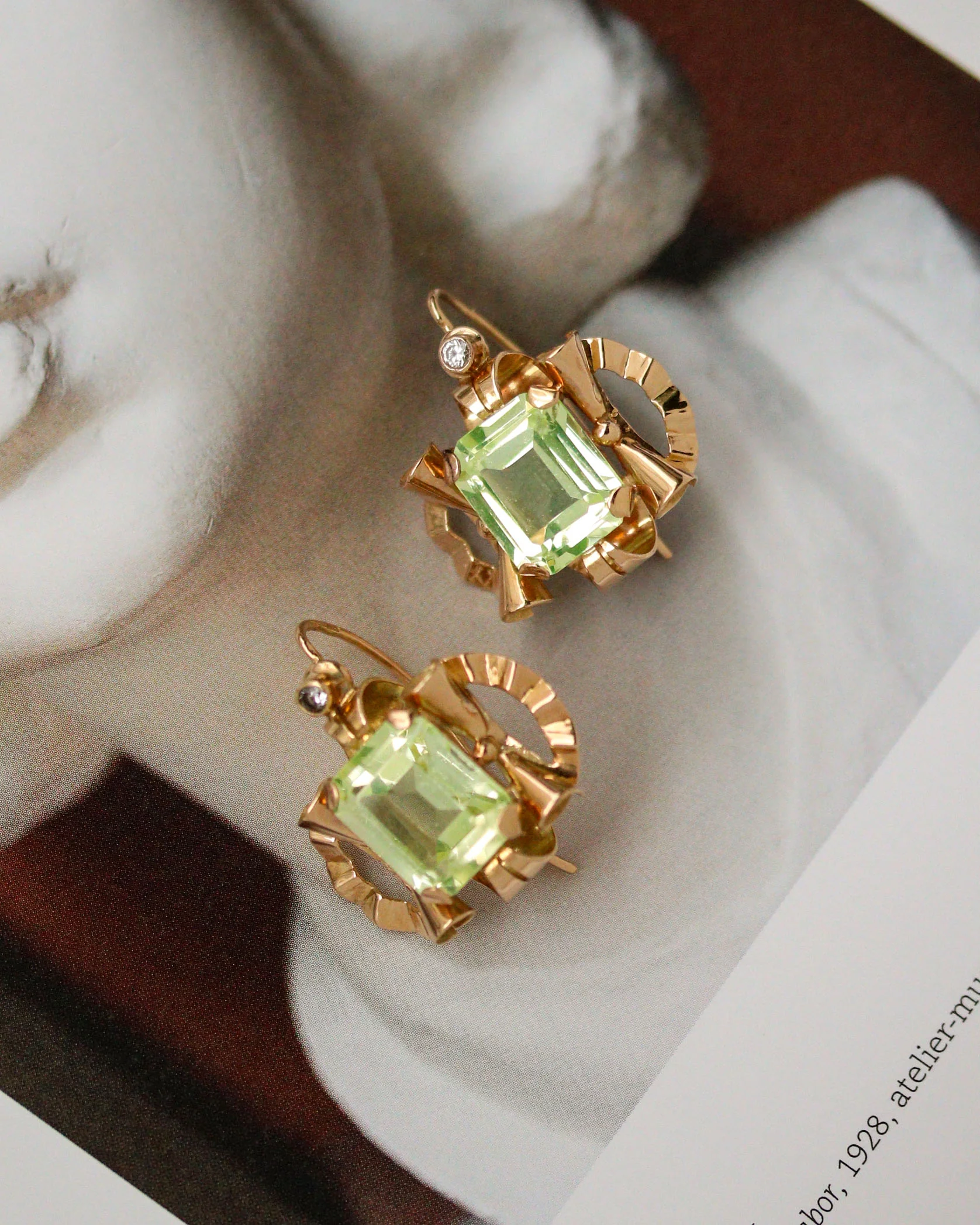 Paire de boucles d'Oreilles 1940 Or Rose et Fluorite - Image 5