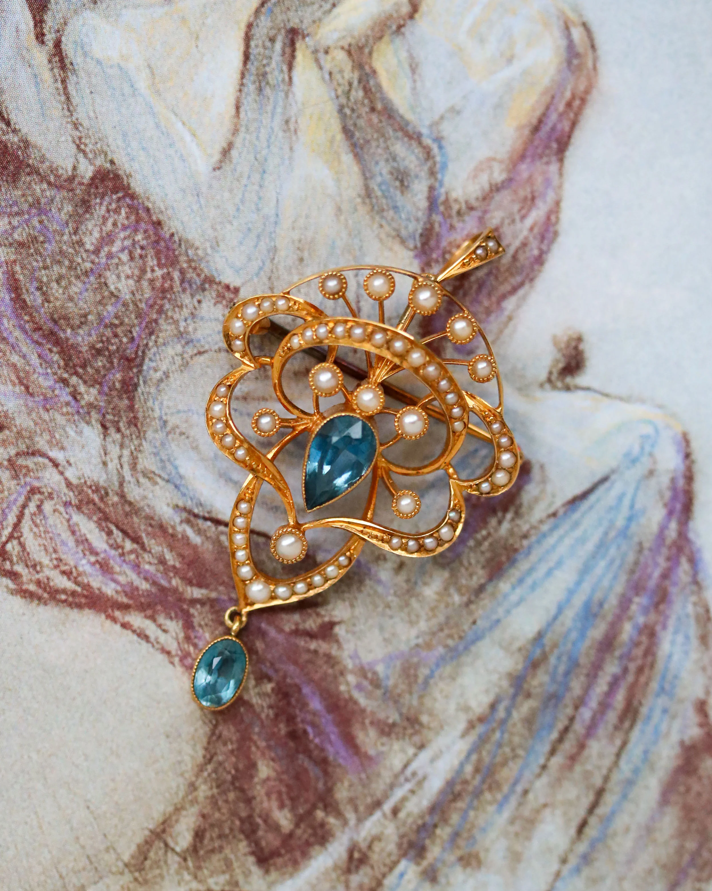 Pendentif Broche Or Jaune Perles Aigue Marine