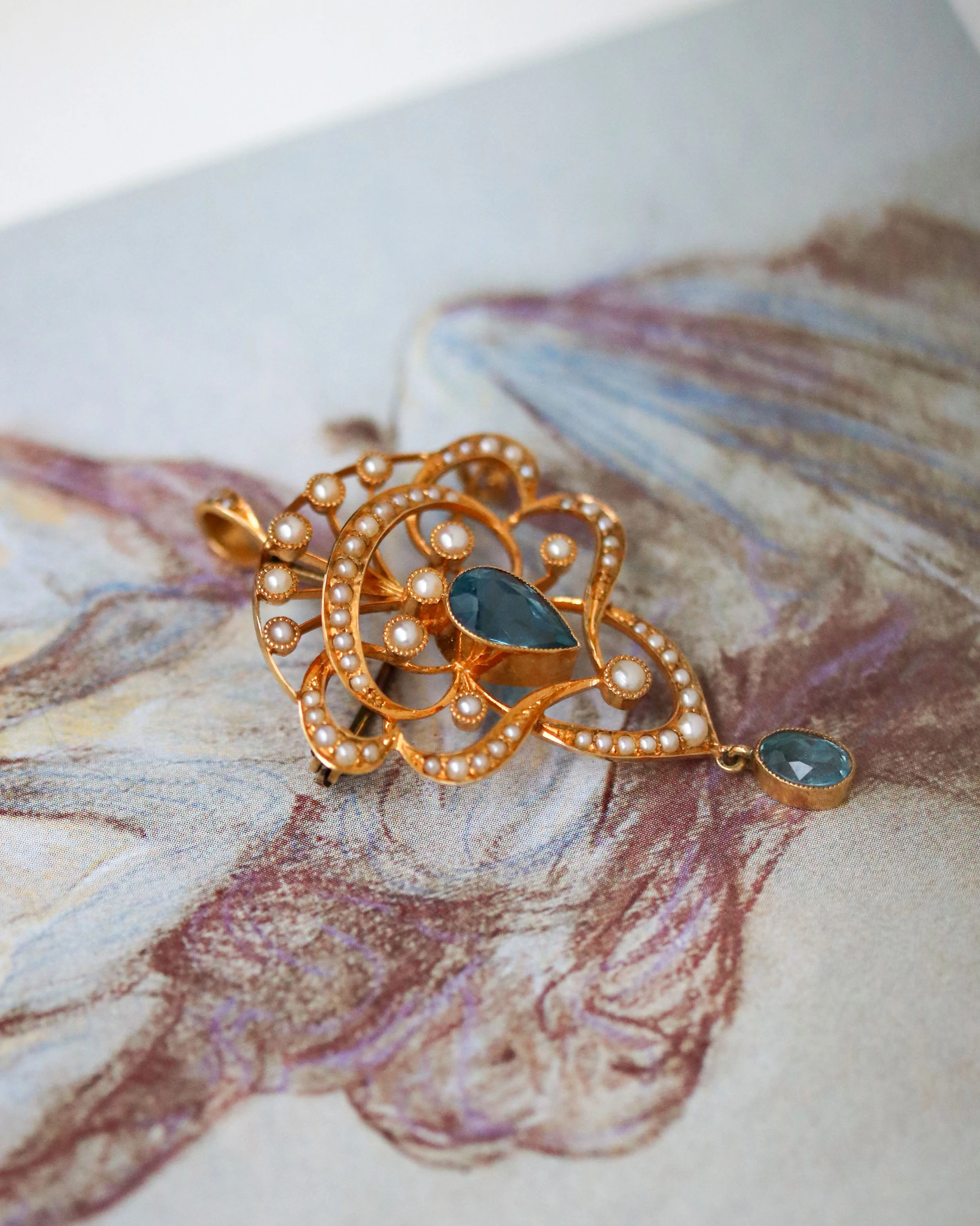 Pendentif Broche Or Jaune Perles Aigue Marine - Image 2