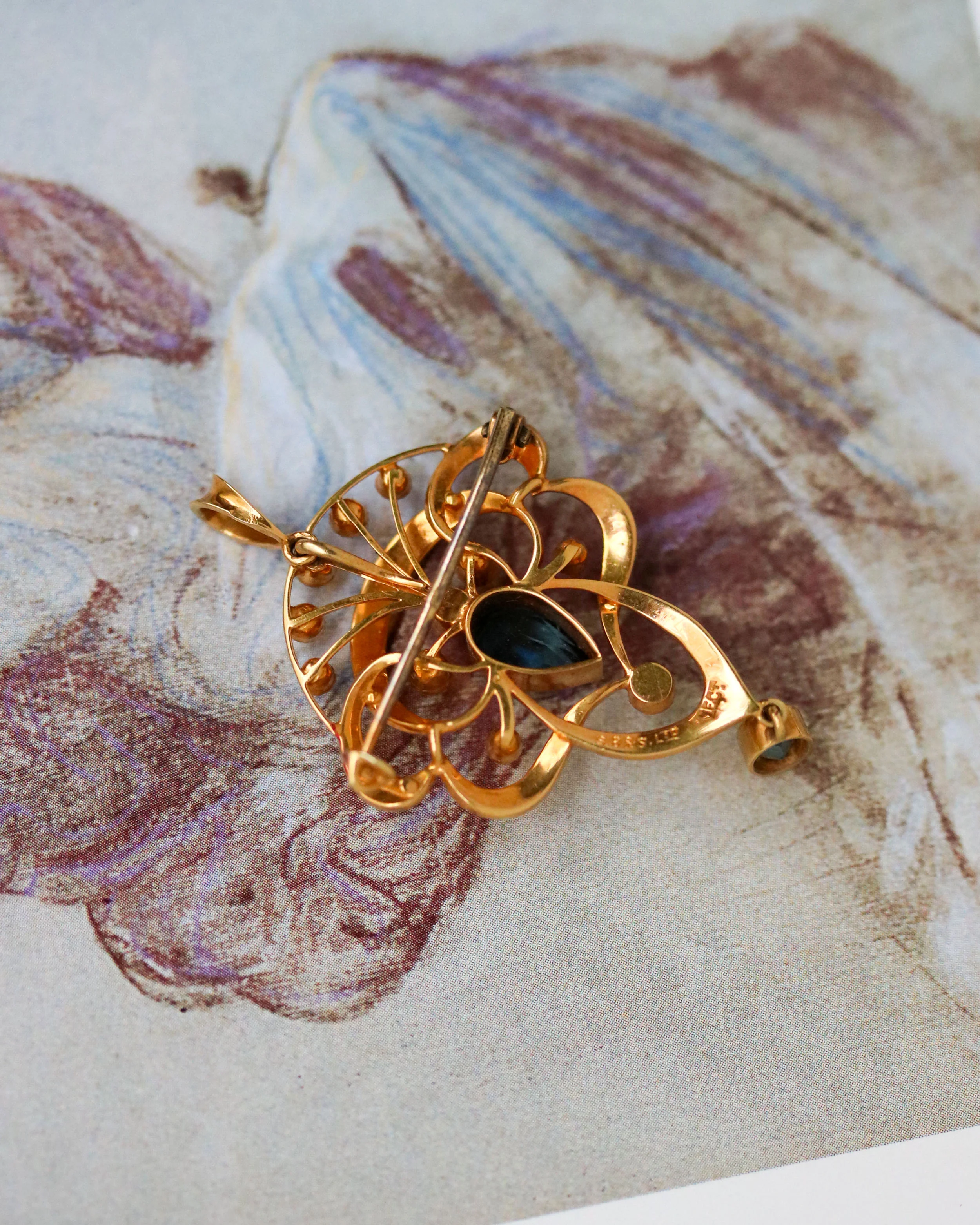 Pendentif Broche Or Jaune Perles Aigue Marine - Image 3