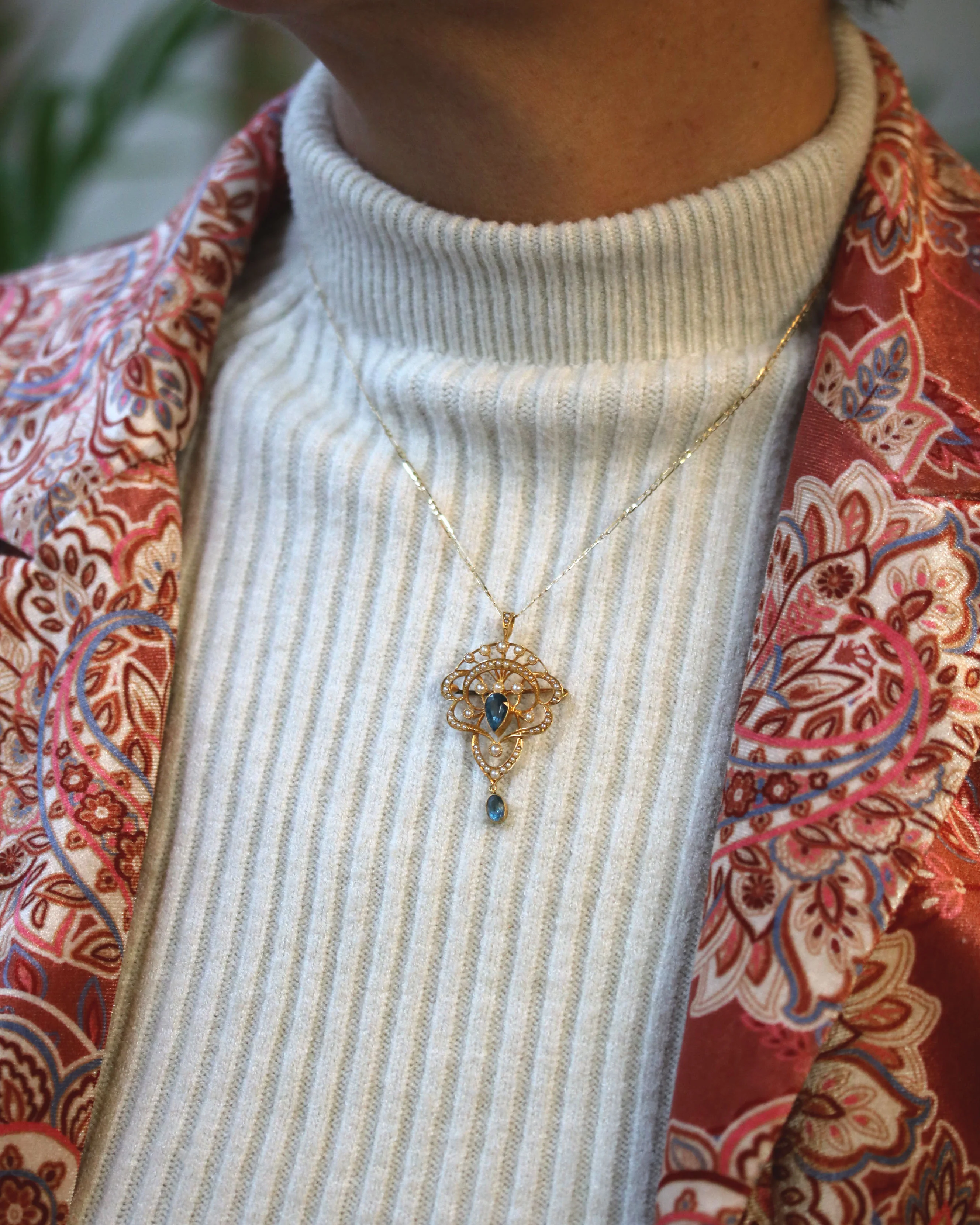 Pendentif Broche Or Jaune Perles Aigue Marine - Image 4