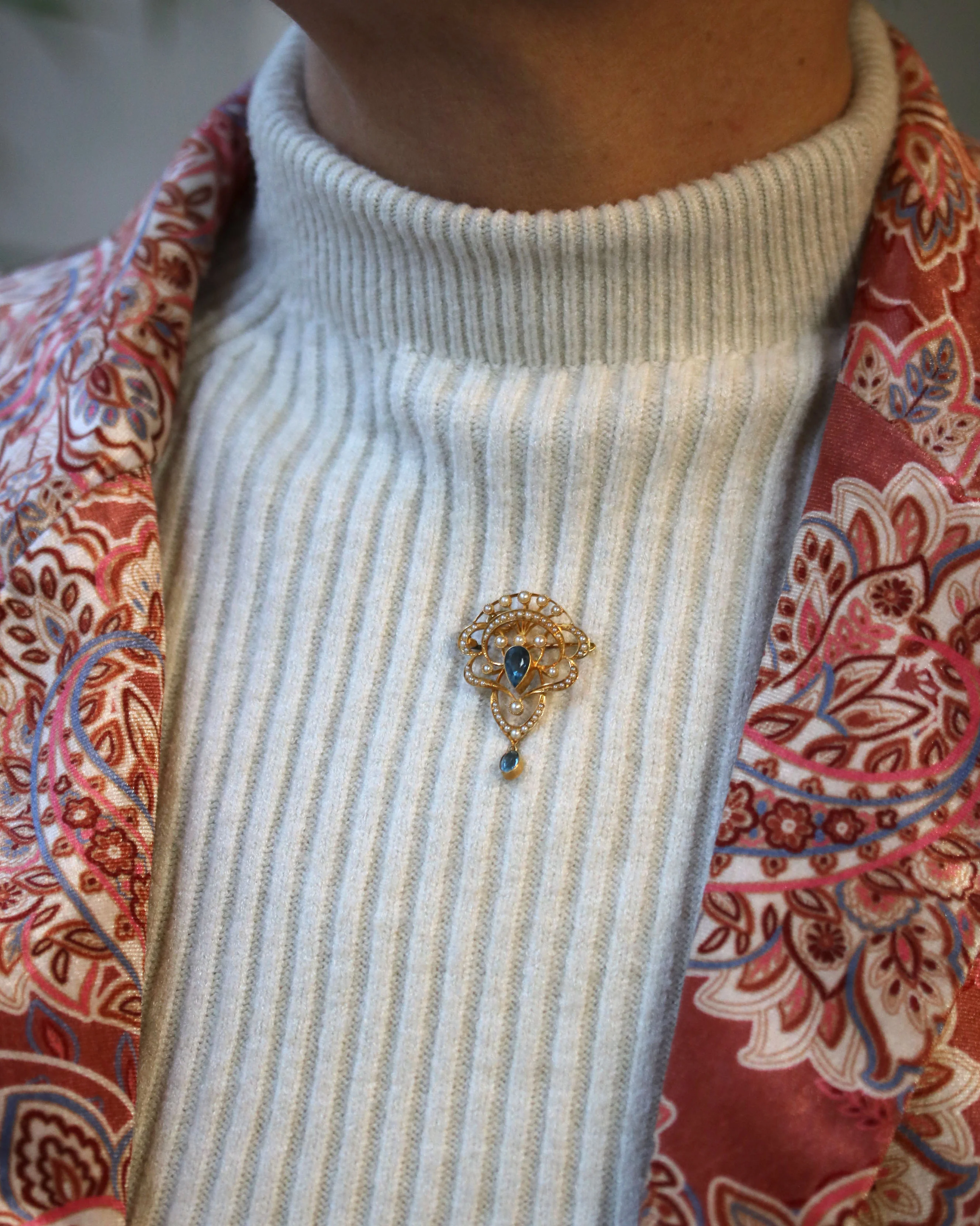 Pendentif Broche Or Jaune Perles Aigue Marine - Image 8
