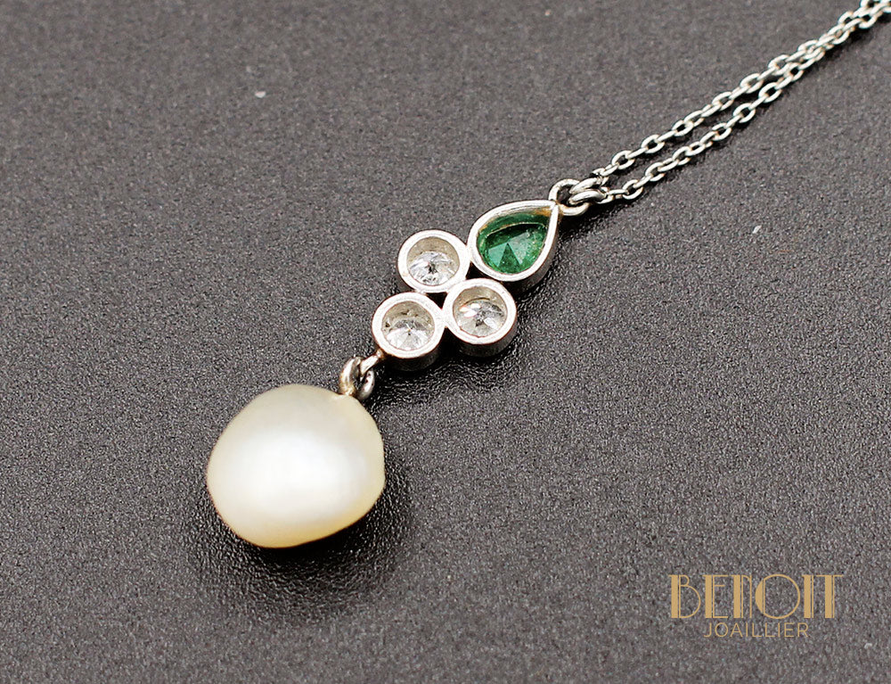 Pendentif Emeraude Diamants Perle - Image 3